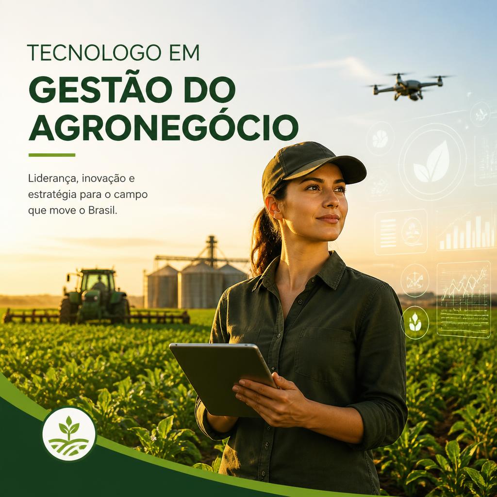 Woman with tablet in a crop field beside a tractor, with Portuguese agribusiness technology text and data graphics.