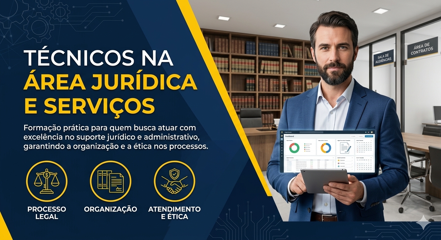 Portuguese legal-services training graphic with text, icons, a suited man, office, and dashboard overlay.