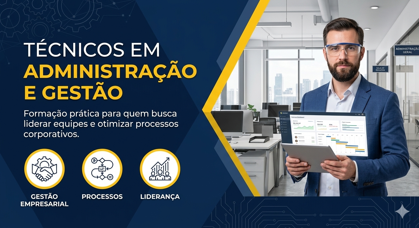 Portuguese training graphic with management text, three icons, and a suited man holding a tablet in an office.