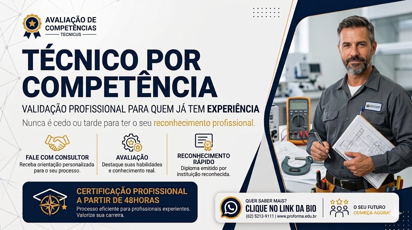 Portuguese certification banner with a technician holding blueprints beside professional competency text.