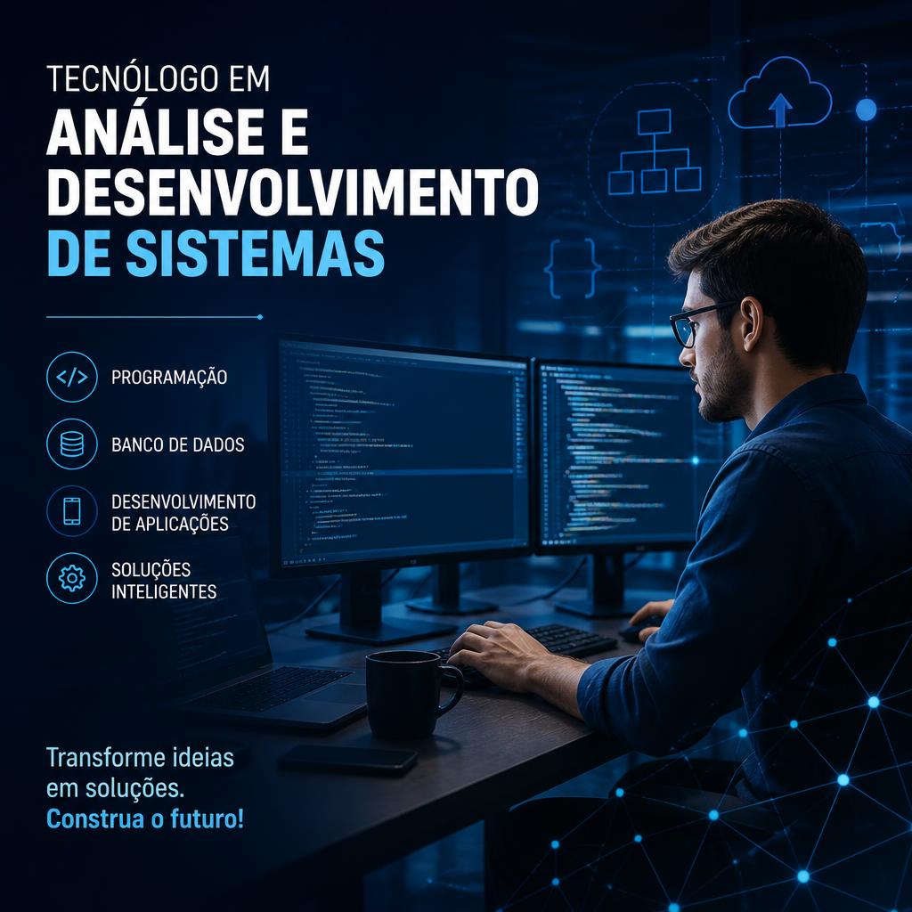 Portuguese technology graphic showing a programmer at dual code monitors beside systems-development text.