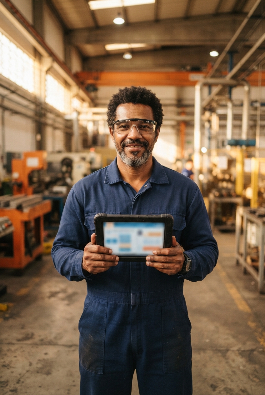 Factory worker in blue coveralls and safety glasses holds a rugged tablet in an industrial workshop.
