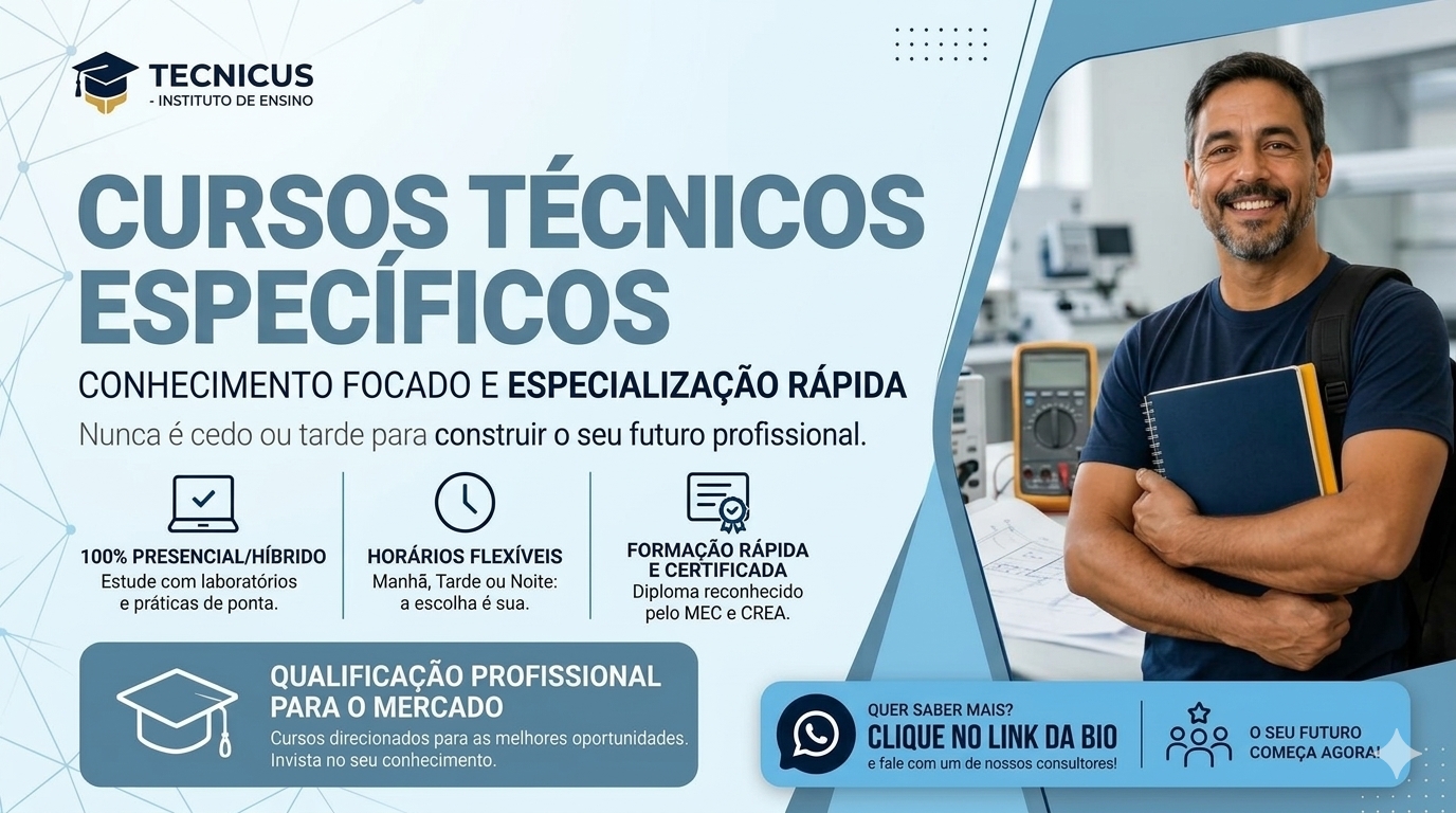 Portuguese ad for technical courses with text, icons, a laboratory student, and contact call-to-action.