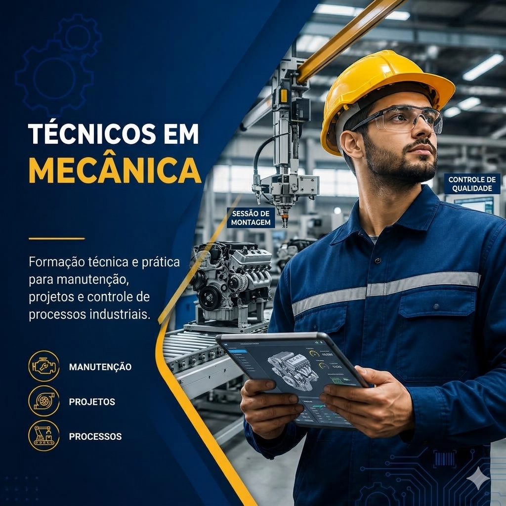 Industrial training graphic showing a technician in safety gear holding a tablet in a factory.