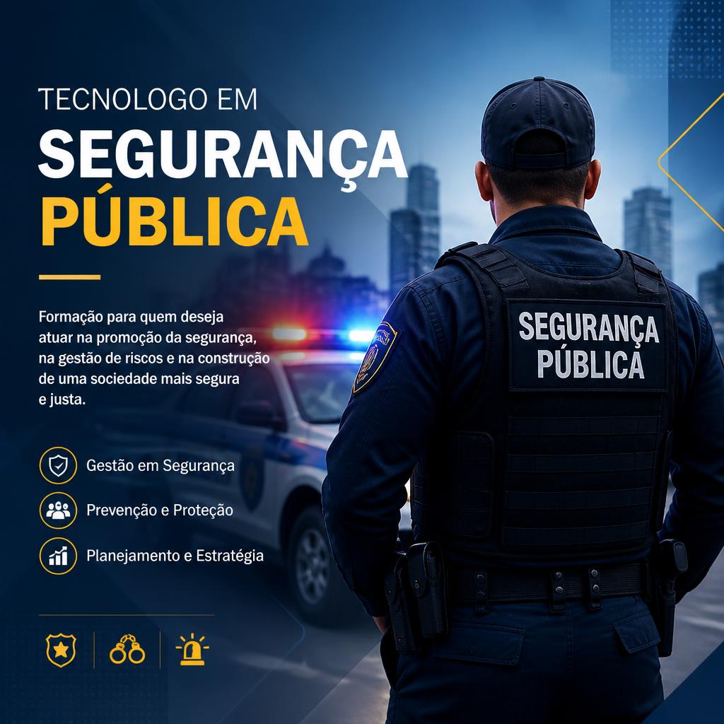 Poster for a public security technology course with text, icons, a uniformed officer, and a police vehicle.