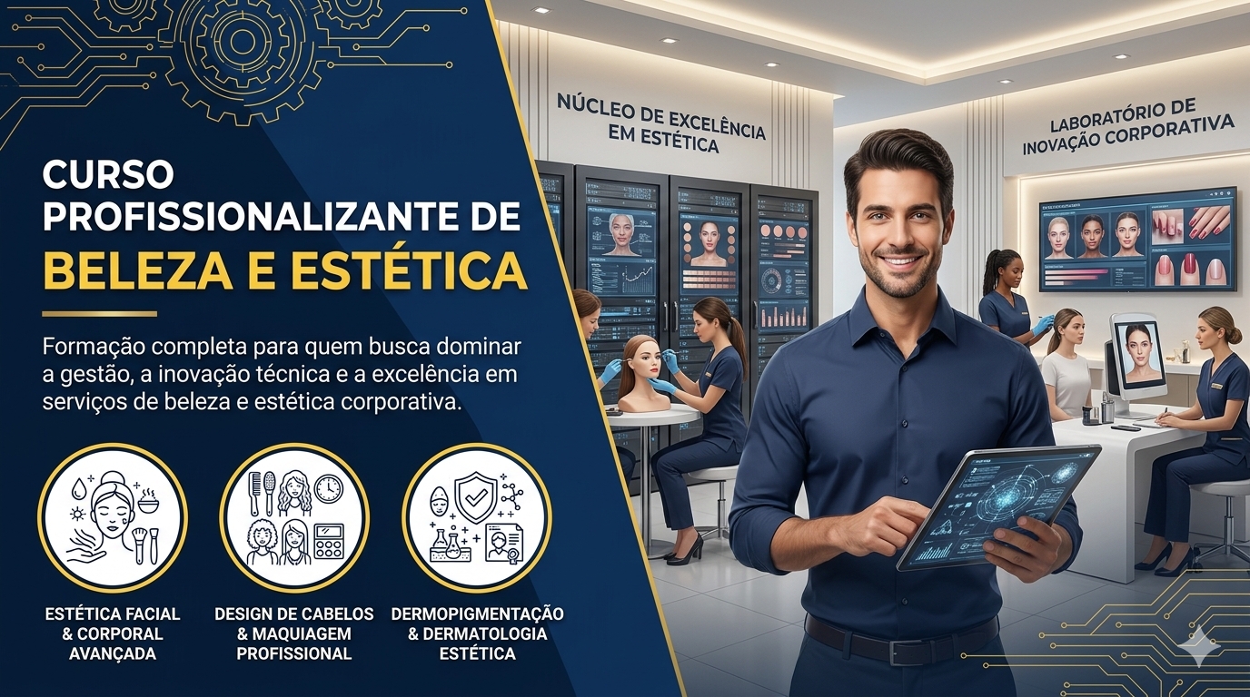 Promotional graphic for a professional beauty and aesthetics course in a high-tech training laboratory.