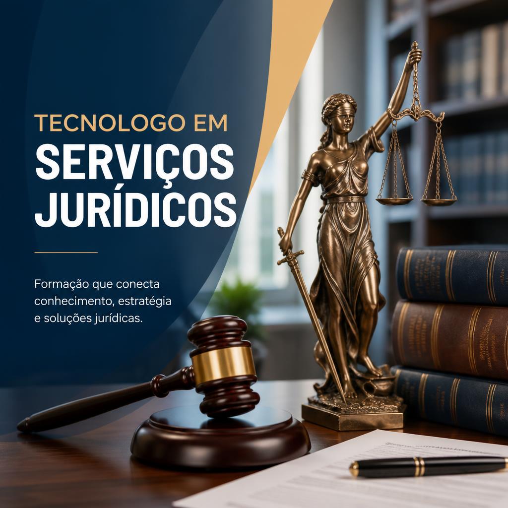 Legal services graphic with Portuguese text, Lady Justice statue, gavel, law books, document, and pen.