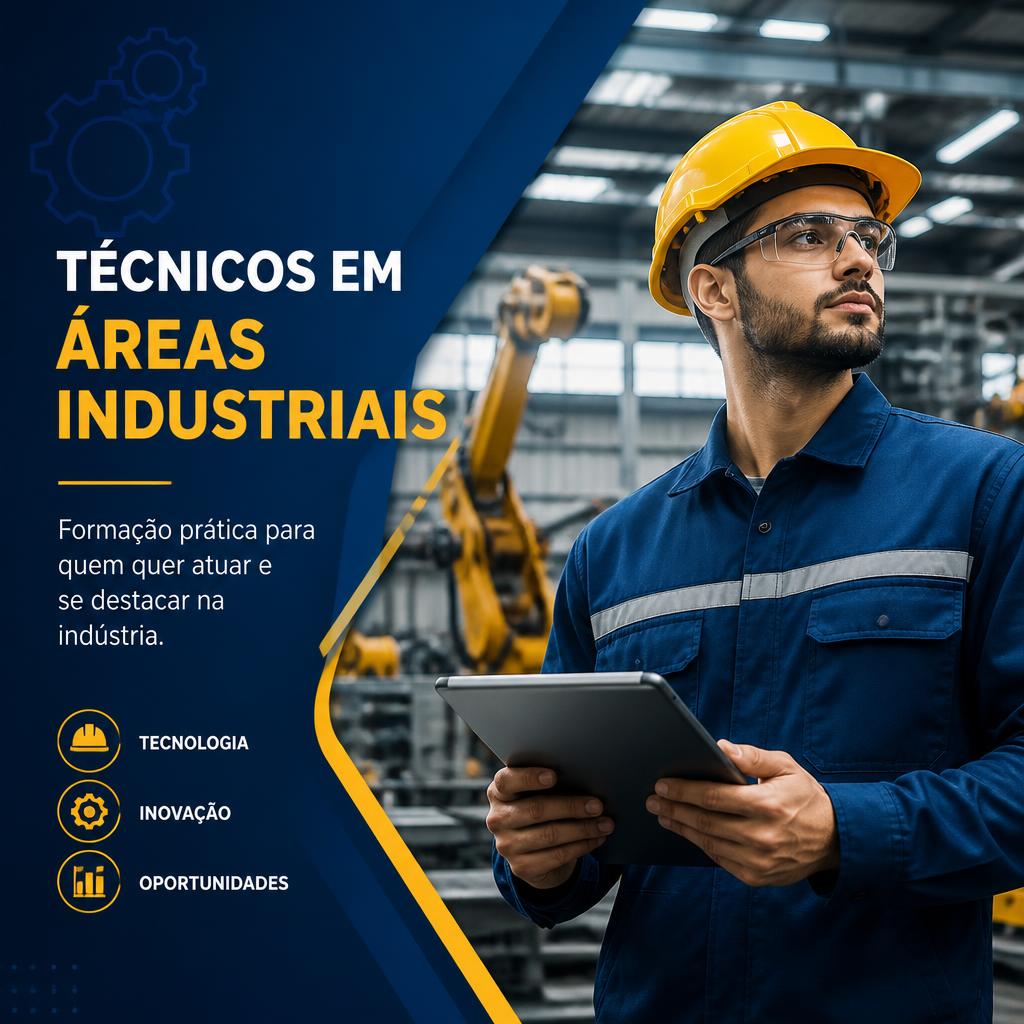 Industrial technician in a hard hat holding a tablet beside machinery, with Portuguese training text and icons.