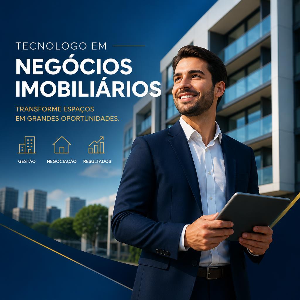 Businessman holding a tablet beside a modern office building with Portuguese real-estate technology text.