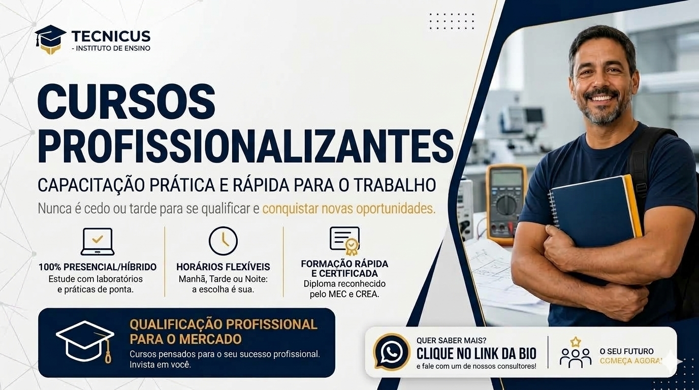 Promotional banner for Tecnicus courses featuring training details and a smiling man in a technical lab.