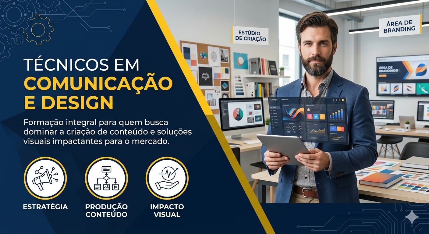 Promotional graphic for communication and design training with studio imagery, icons, and Portuguese text.