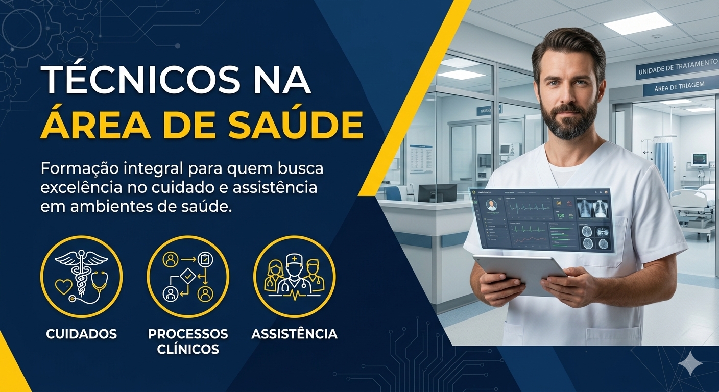 Healthcare worker holding a medical tablet beside Portuguese training text and healthcare icons.