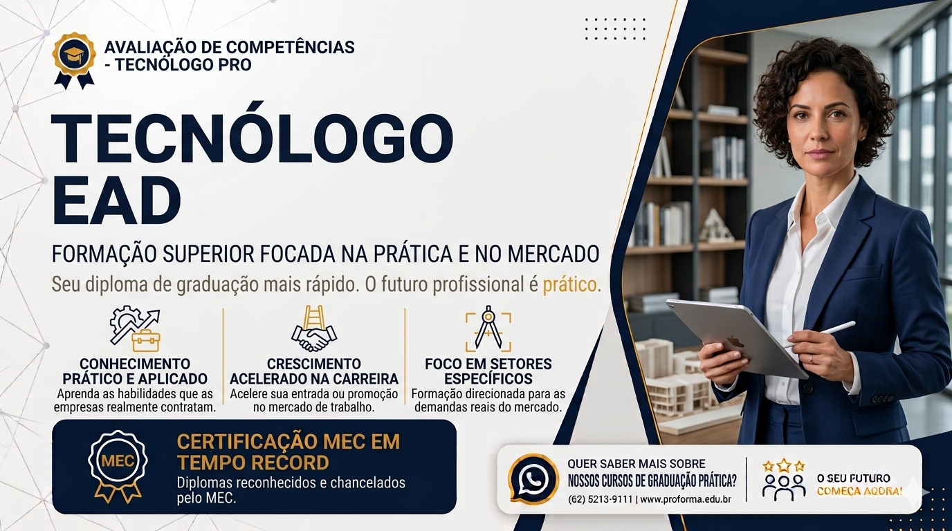 Anúncio de curso tecnólogo EAD com textos promocionais e profissional segurando um tablet.