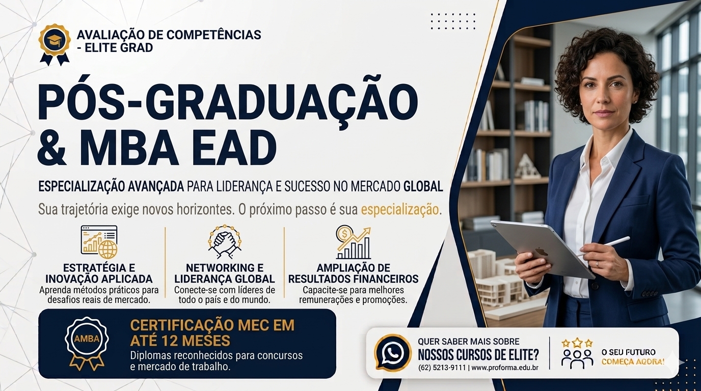 Portuguese ad for postgraduate and MBA EAD programs featuring benefits, certification, contact details, and a businesswoman.