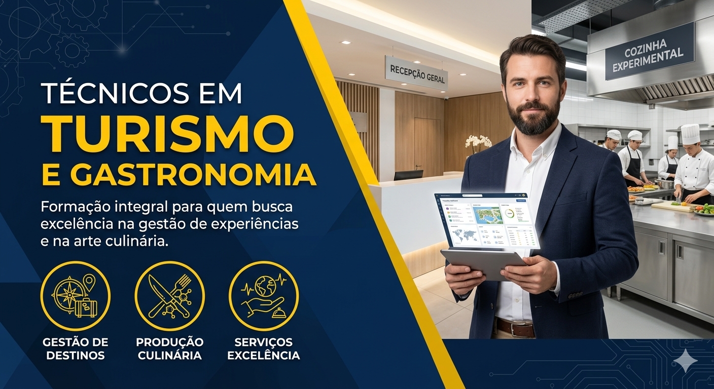 Promotional banner for tourism and gastronomy training beside a suited man in a culinary training kitchen.