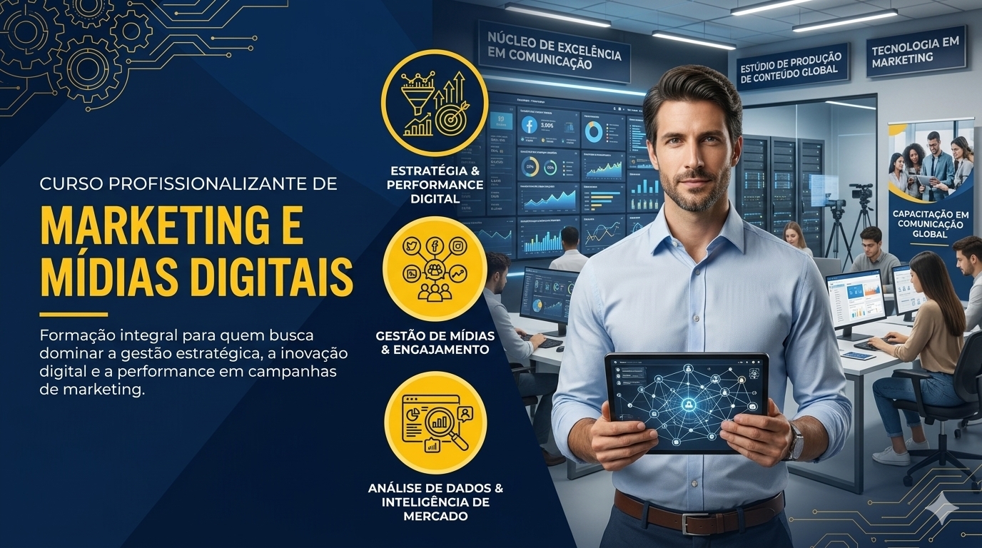 Promotional graphic for a Portuguese digital marketing professional course with office workers and analytics displays.